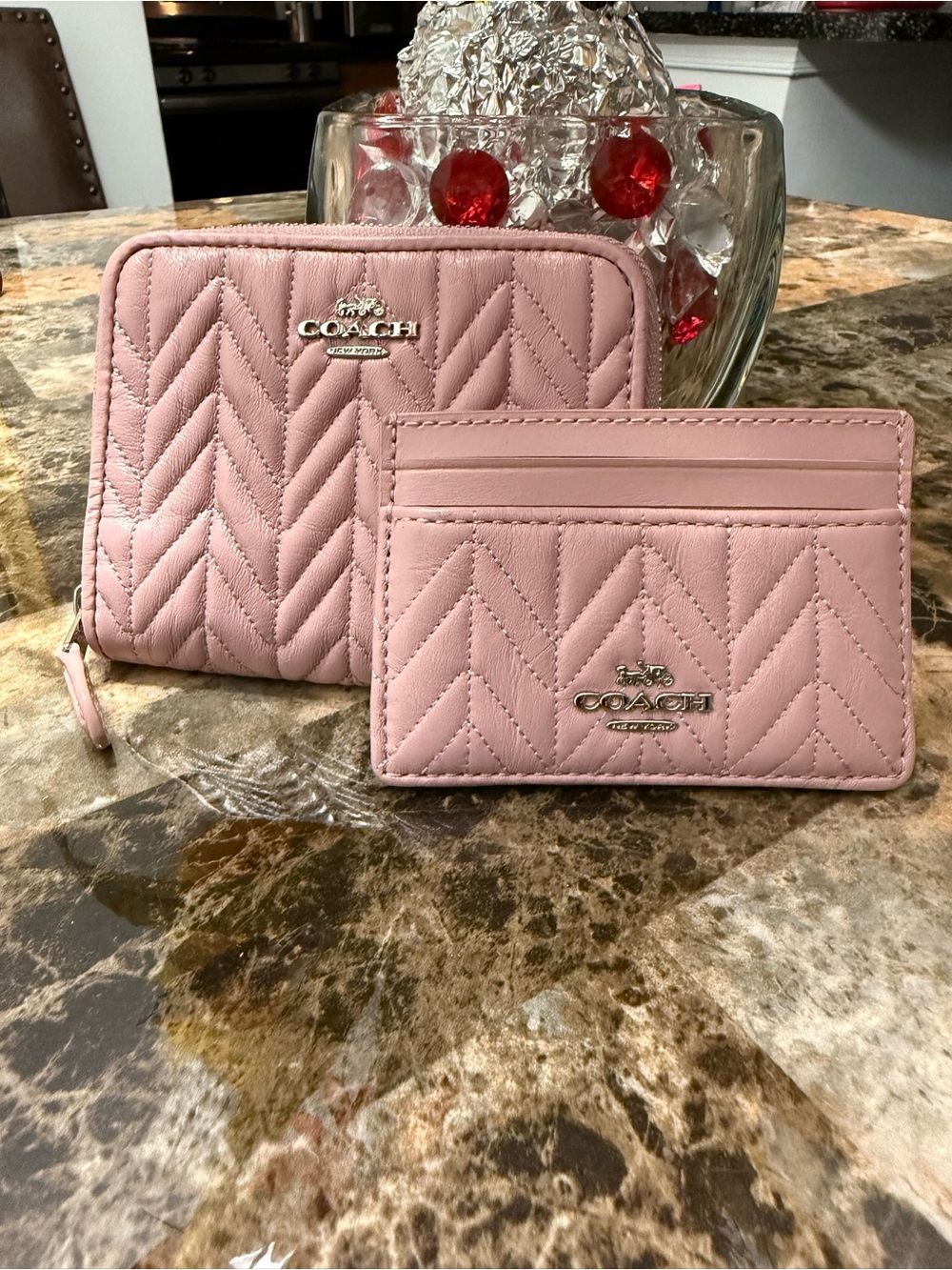 Coach Quilted Chevron Zip Wallet and Card Case - Light Pink